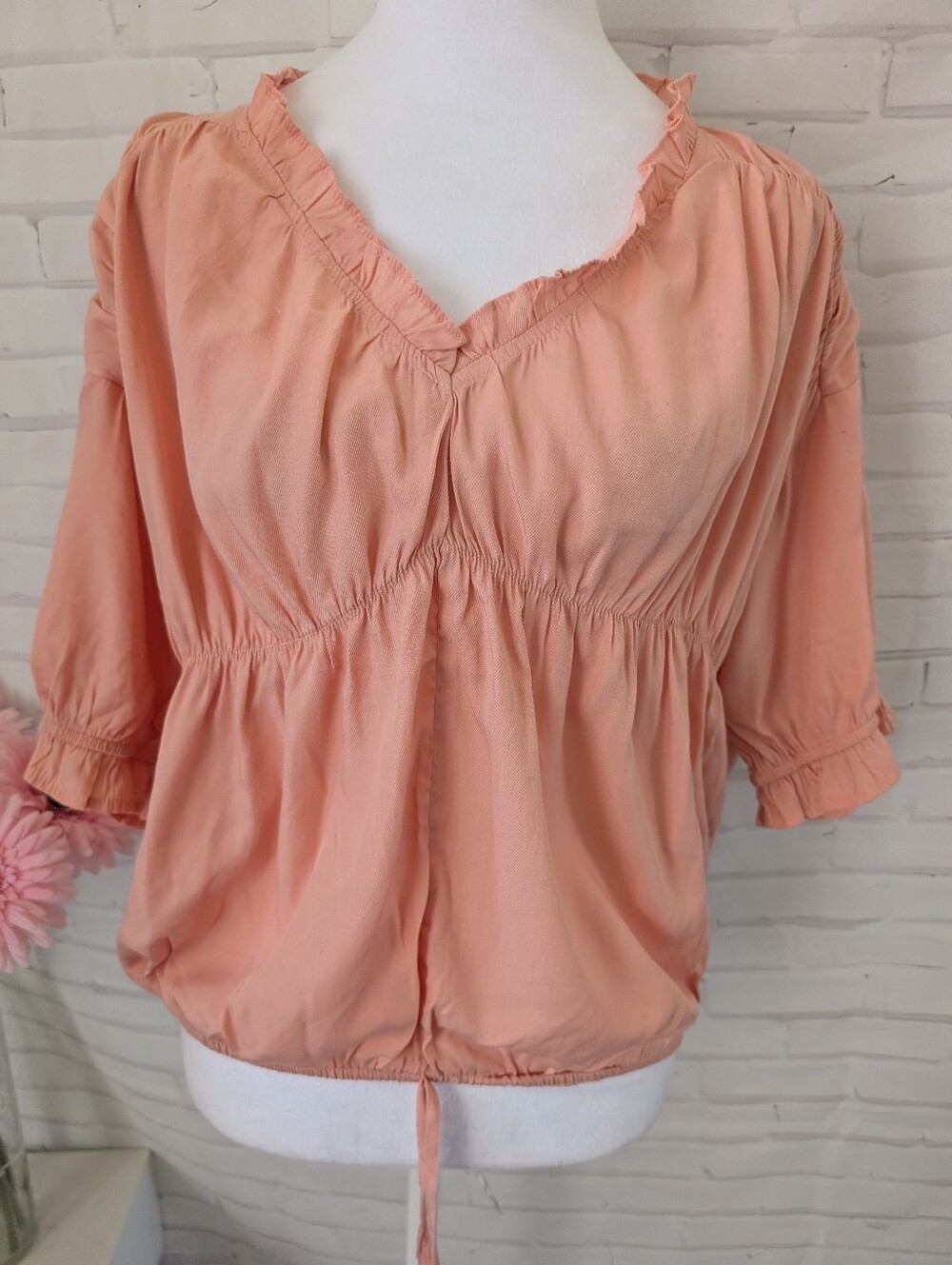 Mod On Trend - Peach Ruffle V-Neck Women's Top